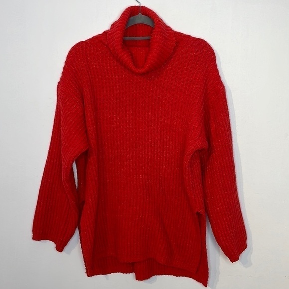 URBAN Outfitters Tomato Red Ribbed Slit Cowlneck Sweater - Picture 1 of 8
